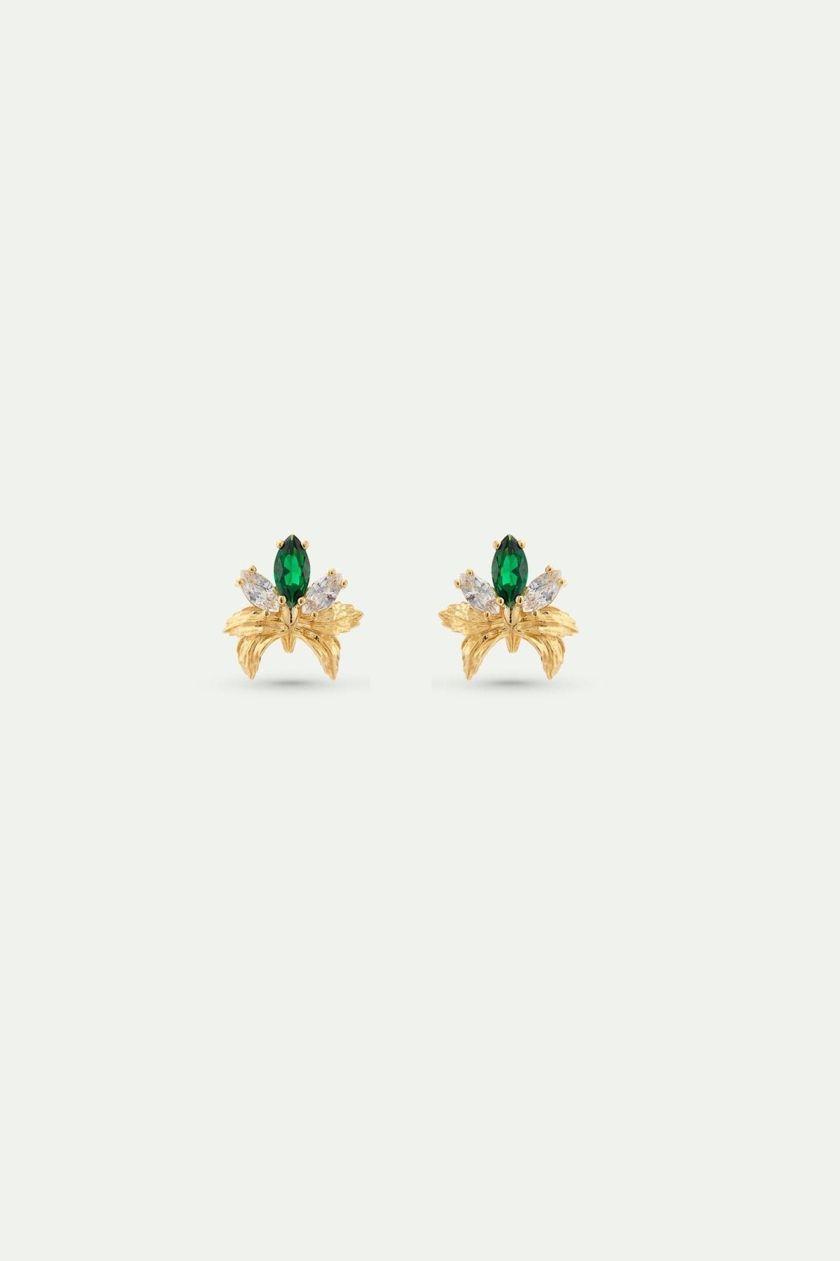 Gold Earrings With Orchids, White and Green Stones | AYNF1051 - Les Nereides
