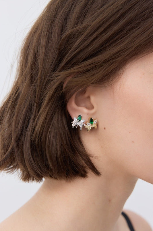 Gold Earrings With Orchids, White and Green Stones | AYNF1051 - Les Nereides