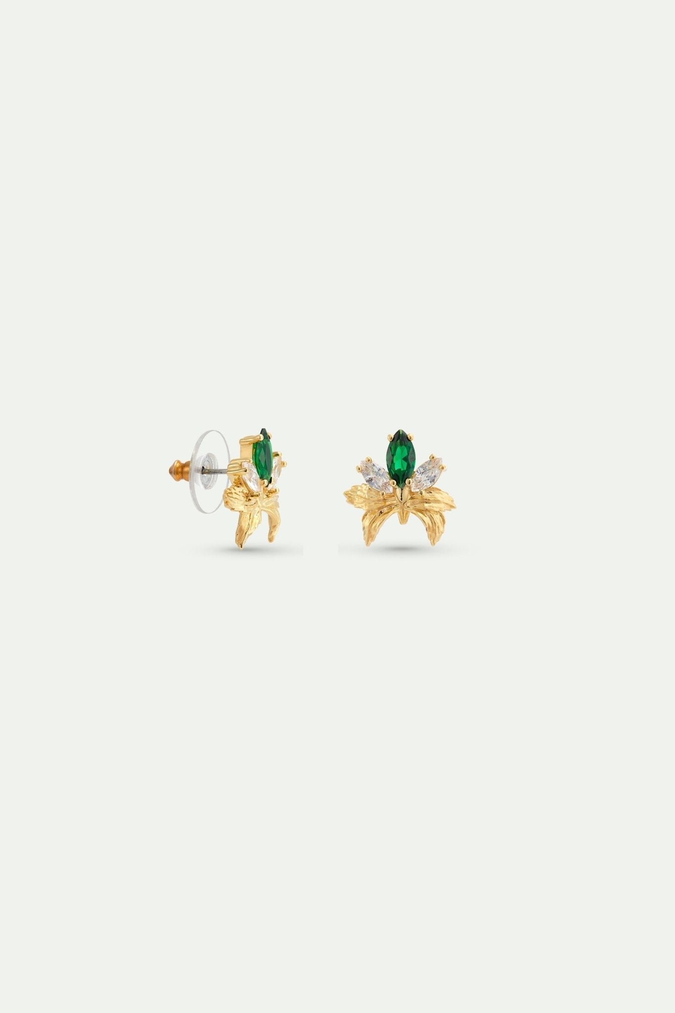 Gold Earrings With Orchids, White and Green Stones | AYNF1051 - Les Nereides