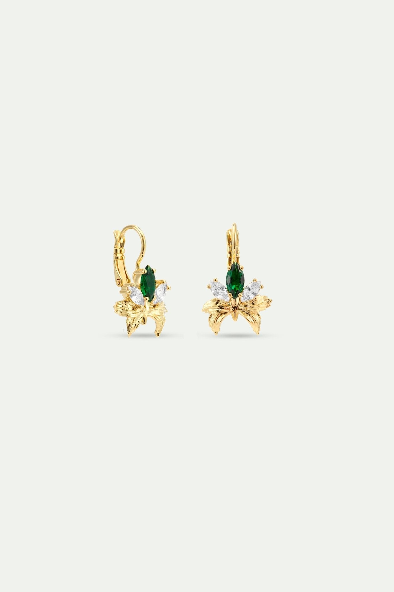 Gold Earrings With Orchids, White and Green Stones | AYNF1051 - Les Nereides