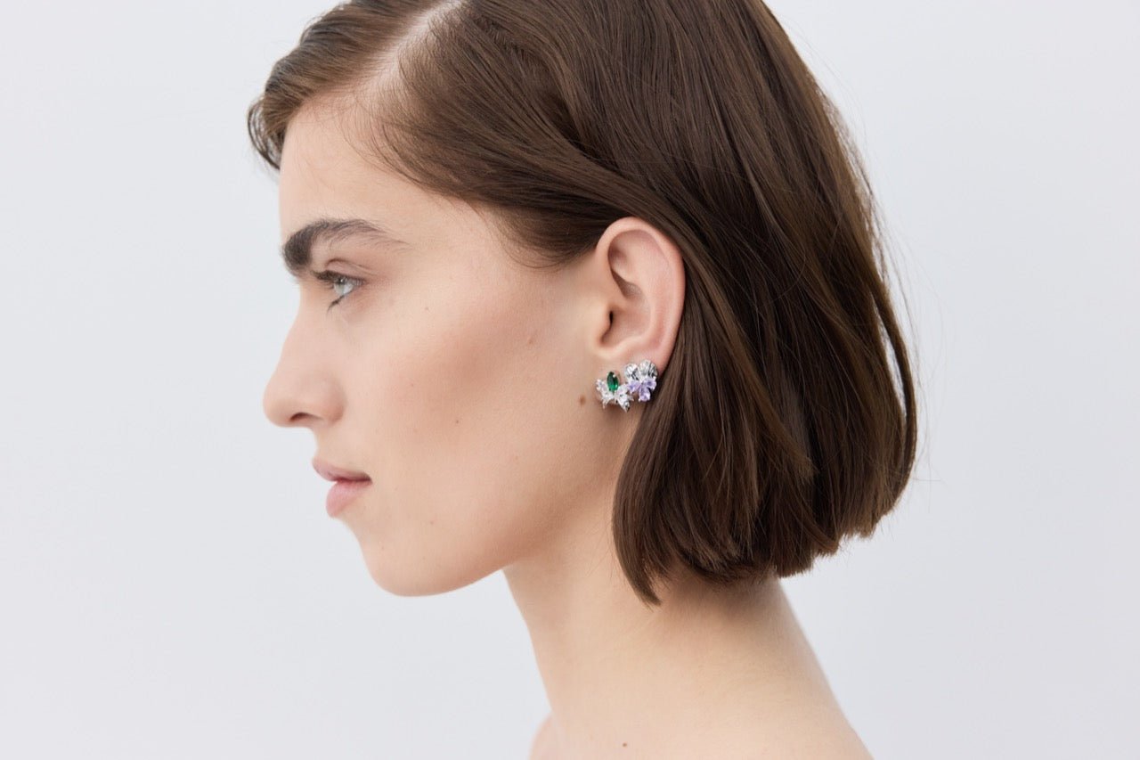 Silver Earrings With Orchids, White and Green Stones | AYNF1061 - Les Nereides
