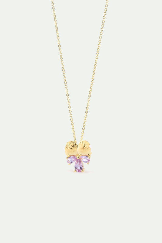 Gold Pendant Necklace With Pansies and Pink Stones | AYNF3011 - Les Nereides