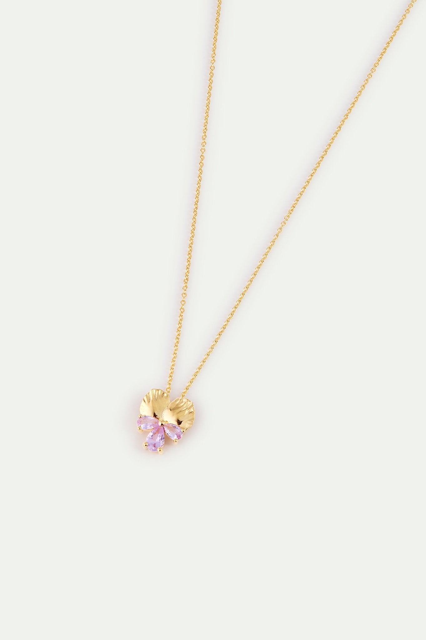 Gold Pendant Necklace With Pansies and Pink Stones | AYNF3011 - Les Nereides