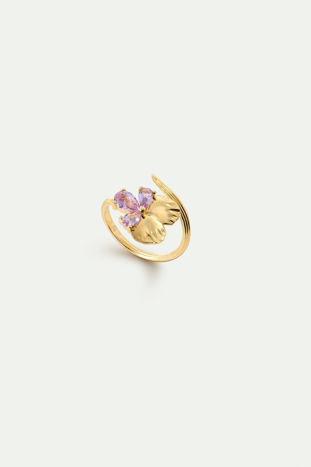 Gold Adjustable Ring With Pansies and Pink Stones | AYNF6011 - Les Nereides