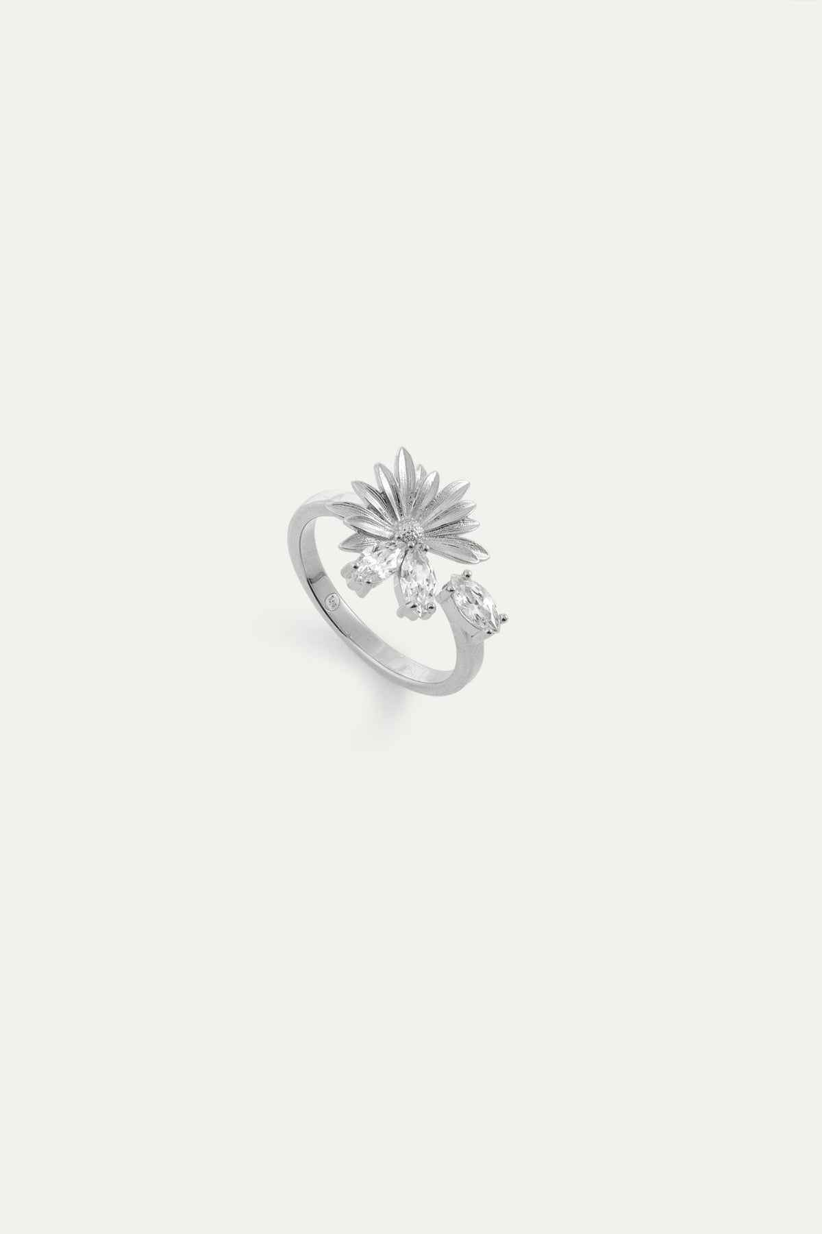 Silver Adjustable Ring With Daisy and White Stones | AYNF6041 - Les Nereides