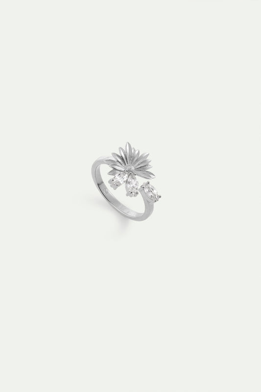 Silver Adjustable Ring With Daisy and White Stones | AYNF6041 - Les Nereides
