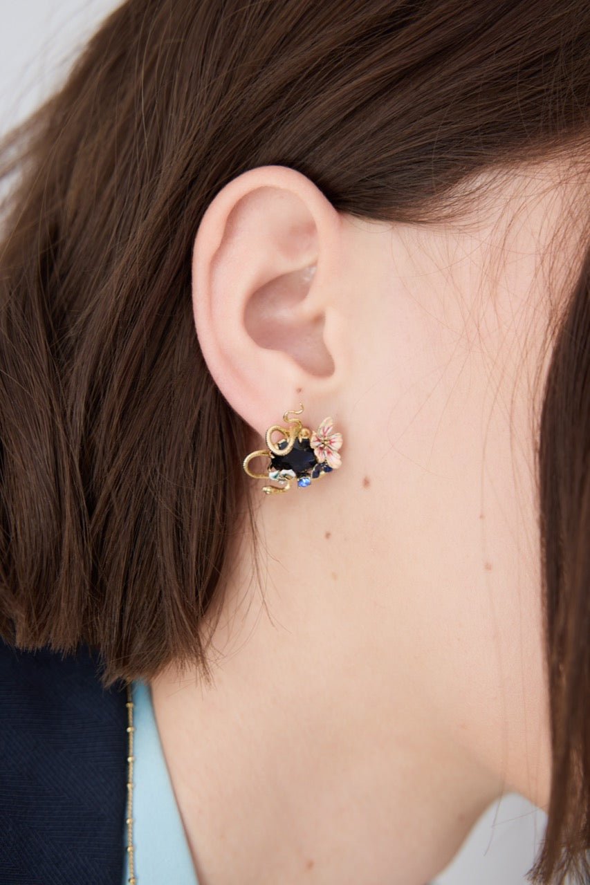 Earrings With Blue Faceted Stone, Gold Snake and Mallow Flowers | AYVA1011 - Les Nereides