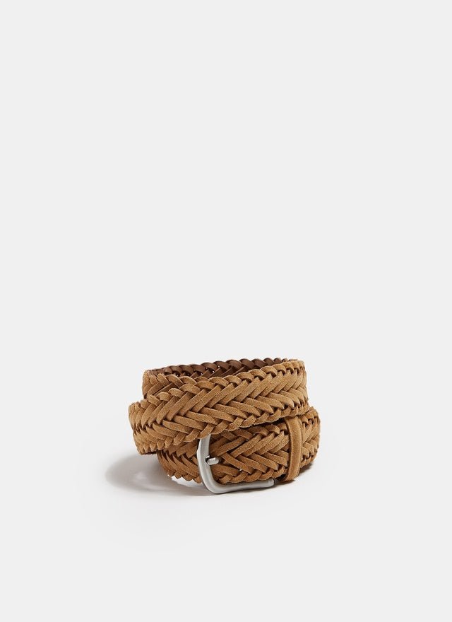Men Belt | Beige Braided Leather Belt With Metal Buckle by Spanish designer Adolfo Dominguez