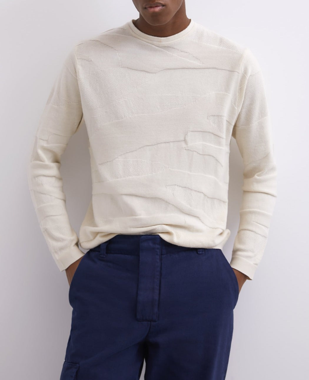 Men Jersey | Beige Cotton Intarsia Round Neck Sweater by Spanish designer Adolfo Dominguez