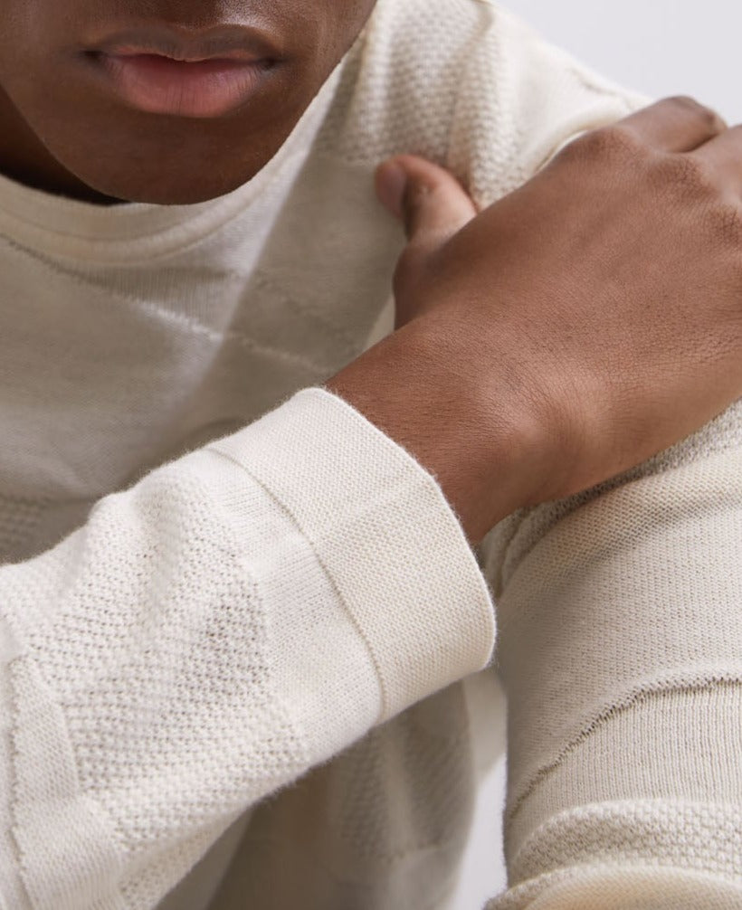 Men Jersey | Beige Cotton Intarsia Round Neck Sweater by Spanish designer Adolfo Dominguez
