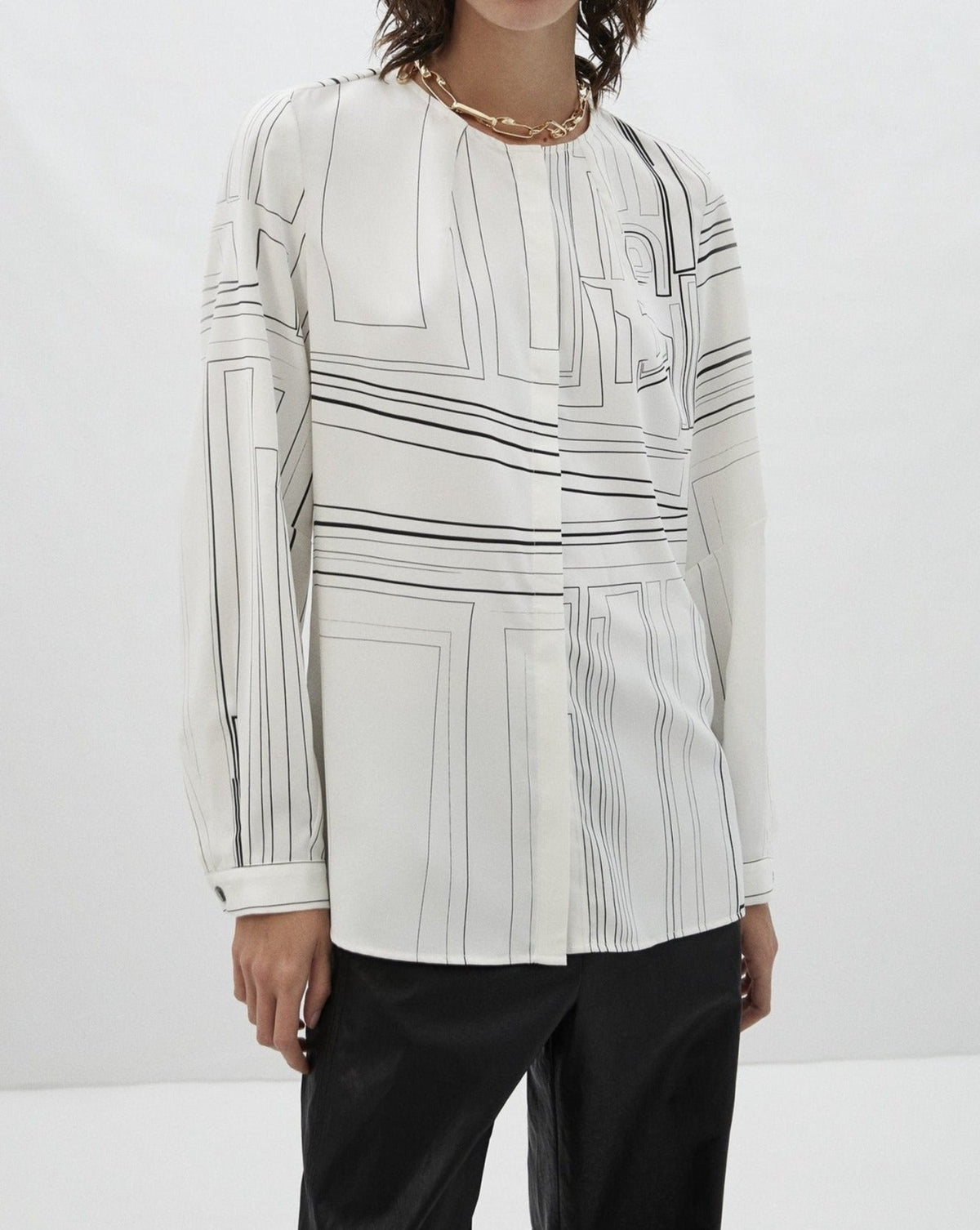 Women Long-Sleeve Shirt | Beige Labyrinth Print Blouse by Spanish designer Adolfo Dominguez