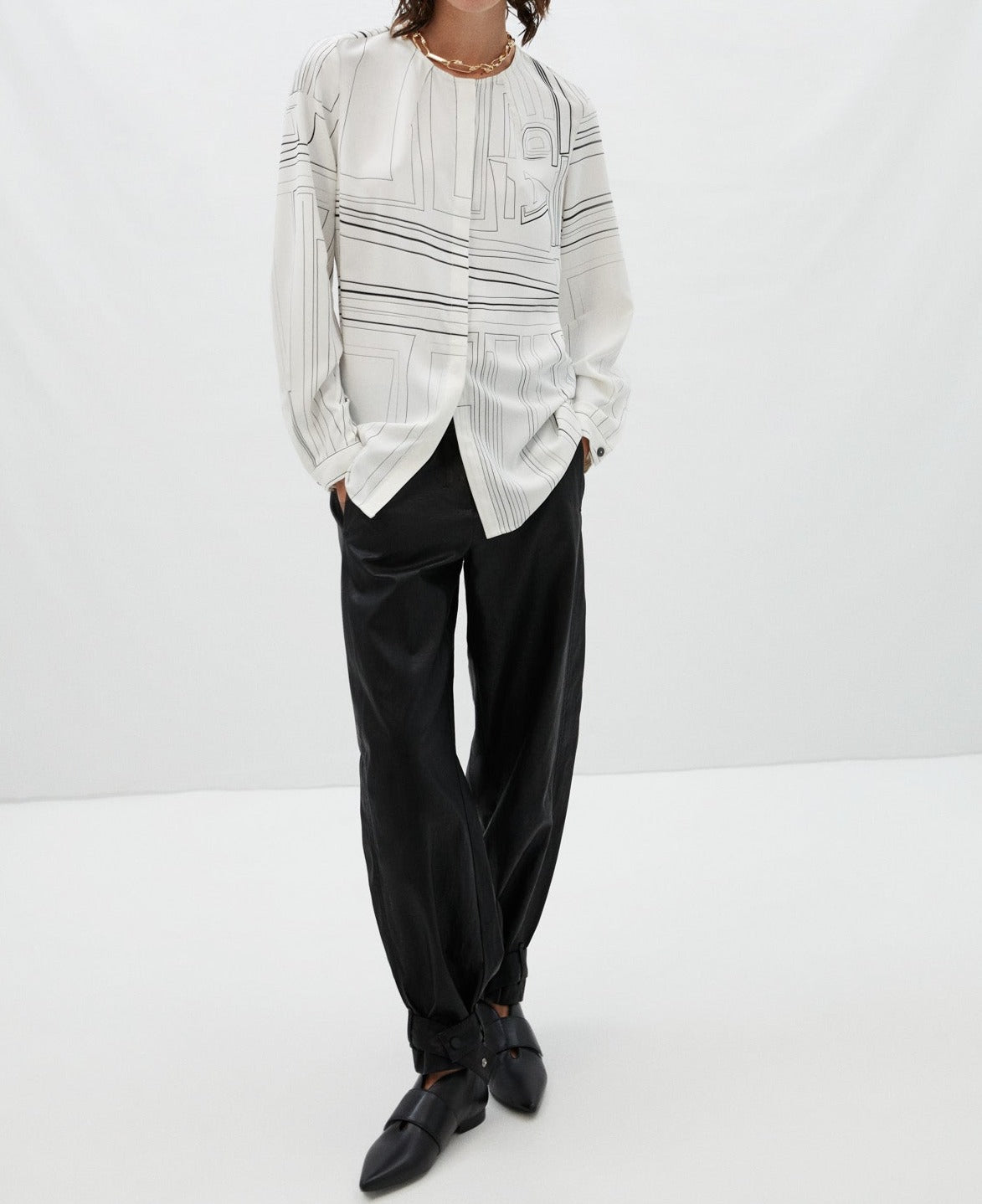 Women Long-Sleeve Shirt | Beige Labyrinth Print Blouse by Spanish designer Adolfo Dominguez
