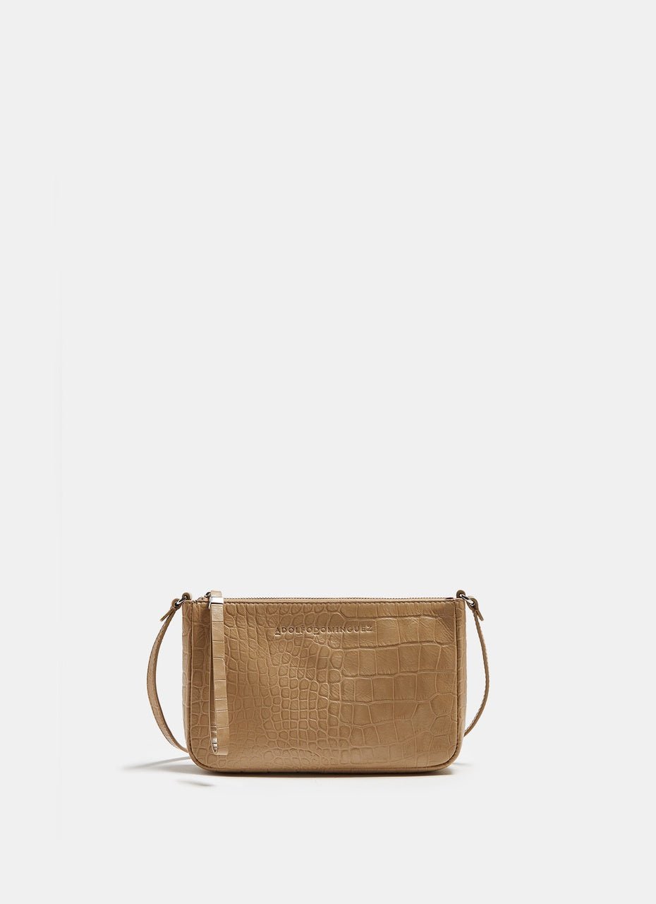 Women Leather Bag | Beige Leather Crossbody Bag With Croc Finish by Spanish designer Adolfo Dominguez