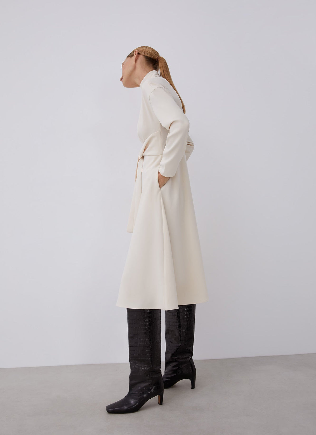 Women Dress | Beige Long Sleeve Dress With Central Strip by Spanish designer Adolfo Dominguez