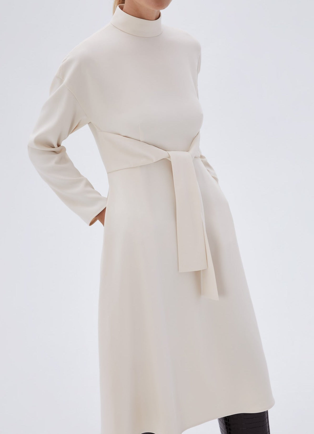 Women Dress | Beige Long Sleeve Dress With Central Strip by Spanish designer Adolfo Dominguez