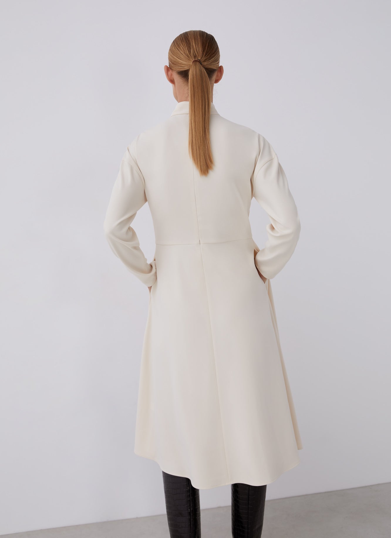 Women Dress | Beige Long Sleeve Dress With Central Strip by Spanish designer Adolfo Dominguez