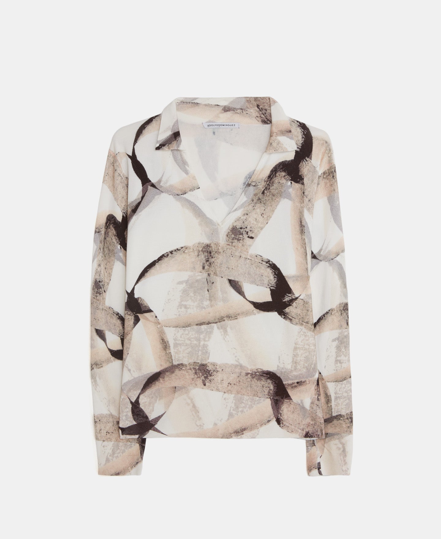 Women Knit Polo | Beige Organic Printed V-Neck Sweater by Spanish designer Adolfo Dominguez
