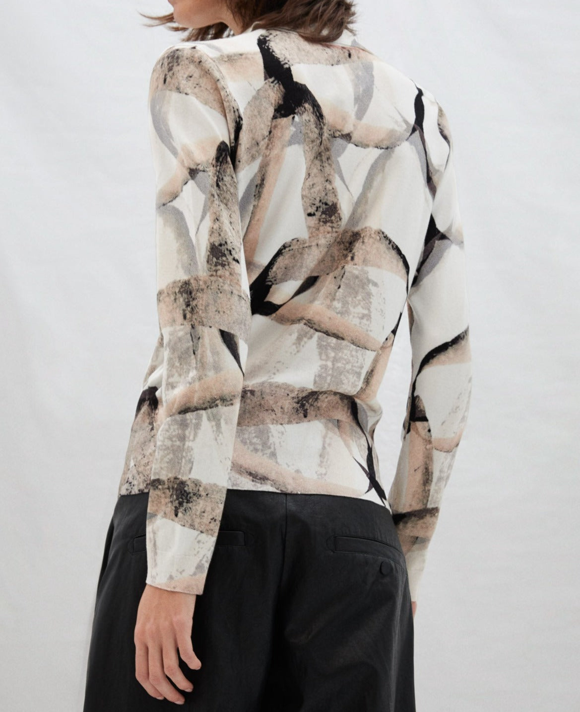 Women Knit Polo | Beige Organic Printed V-Neck Sweater by Spanish designer Adolfo Dominguez