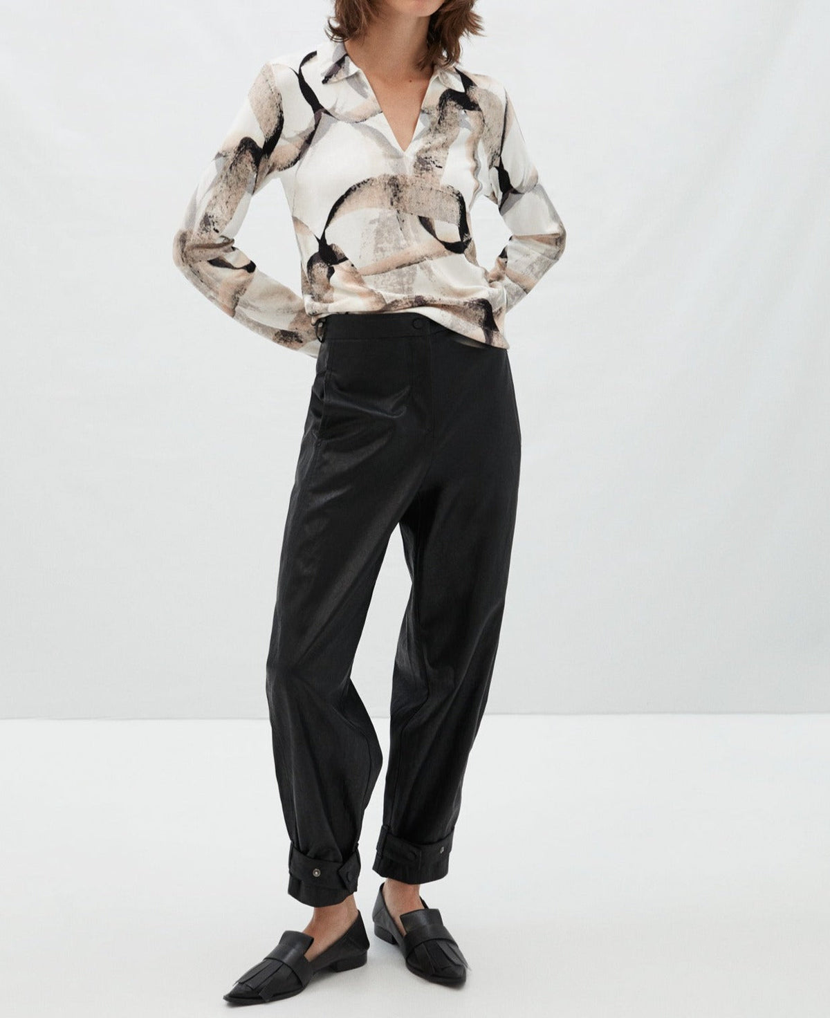 Women Knit Polo | Beige Organic Printed V-Neck Sweater by Spanish designer Adolfo Dominguez