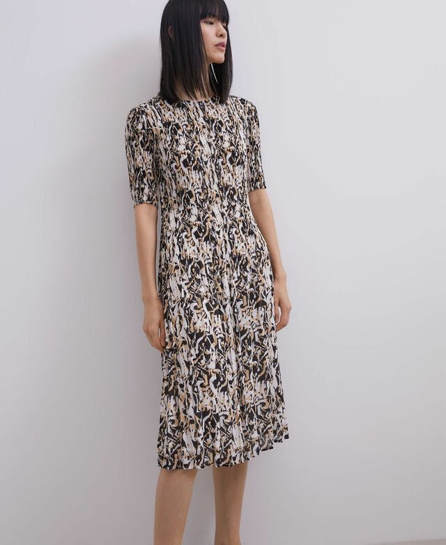 Women Dress | Beige/Black Print Printed Midi Dress In Crinkle by Spanish designer Adolfo Dominguez