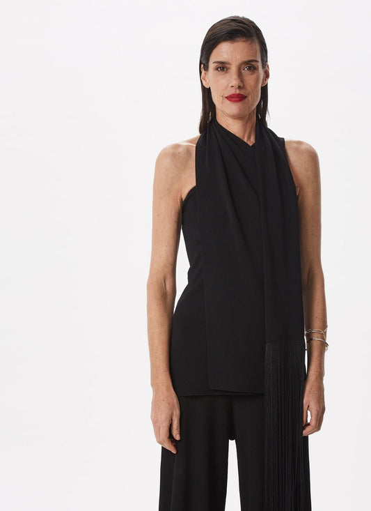 Women Jersey | Black Asymmetric Top With Frayed Scarf by Spanish designer Adolfo Dominguez
