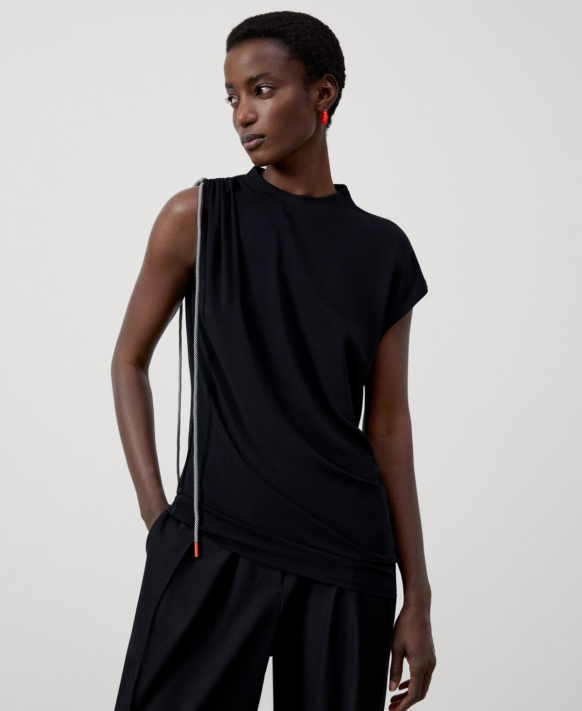 Women T-Shirt (Short Sleeve) | Black Asymmetrical Blouse In Elastic Viscose by Spanish designer Adolfo Dominguez