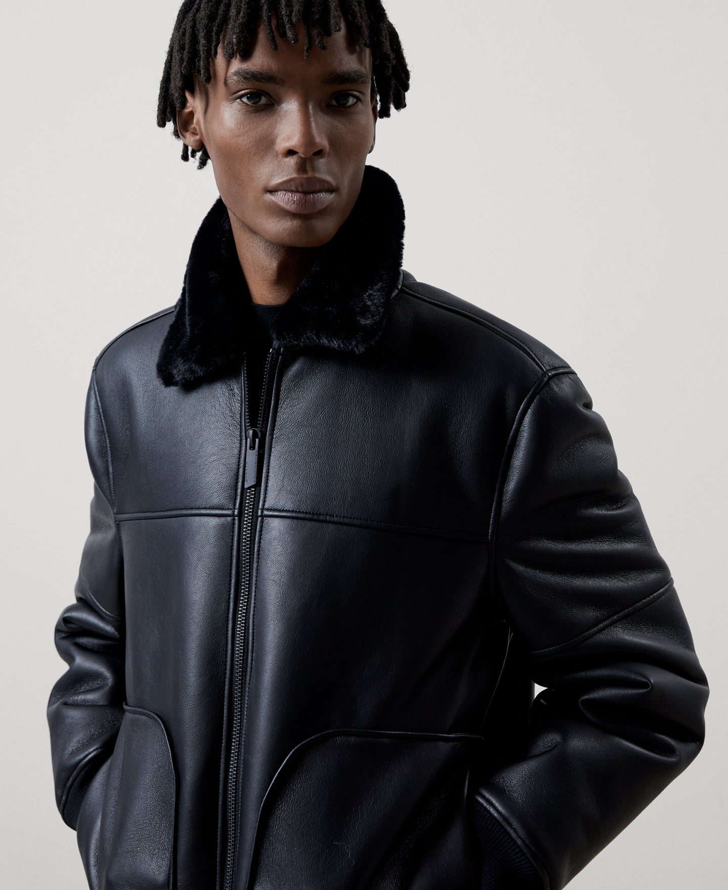 Men Ecoleather | Black Aviator Jacket With Patch Pockets by Spanish designer Adolfo Dominguez