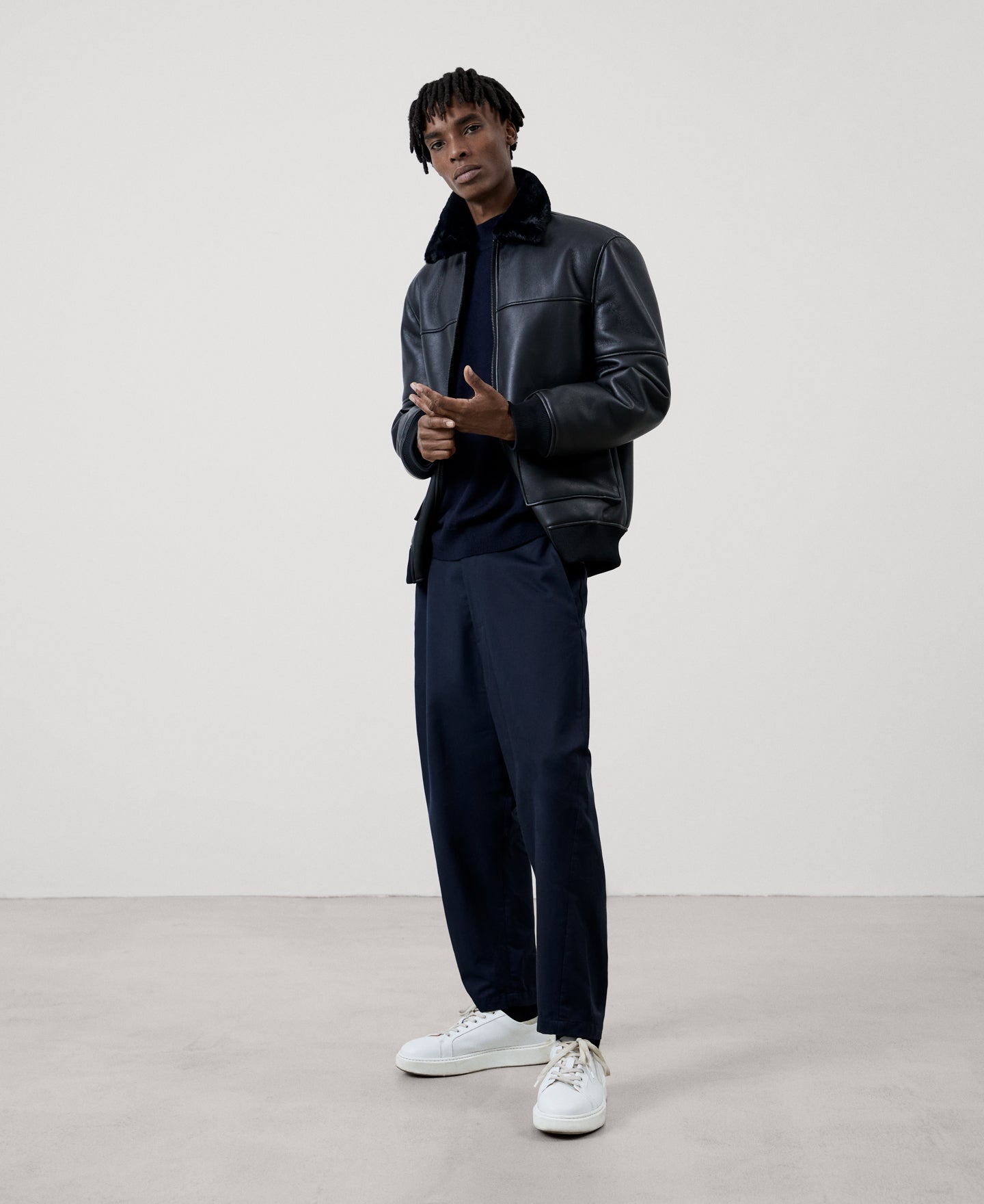 Men Ecoleather | Black Aviator Jacket With Patch Pockets by Spanish designer Adolfo Dominguez