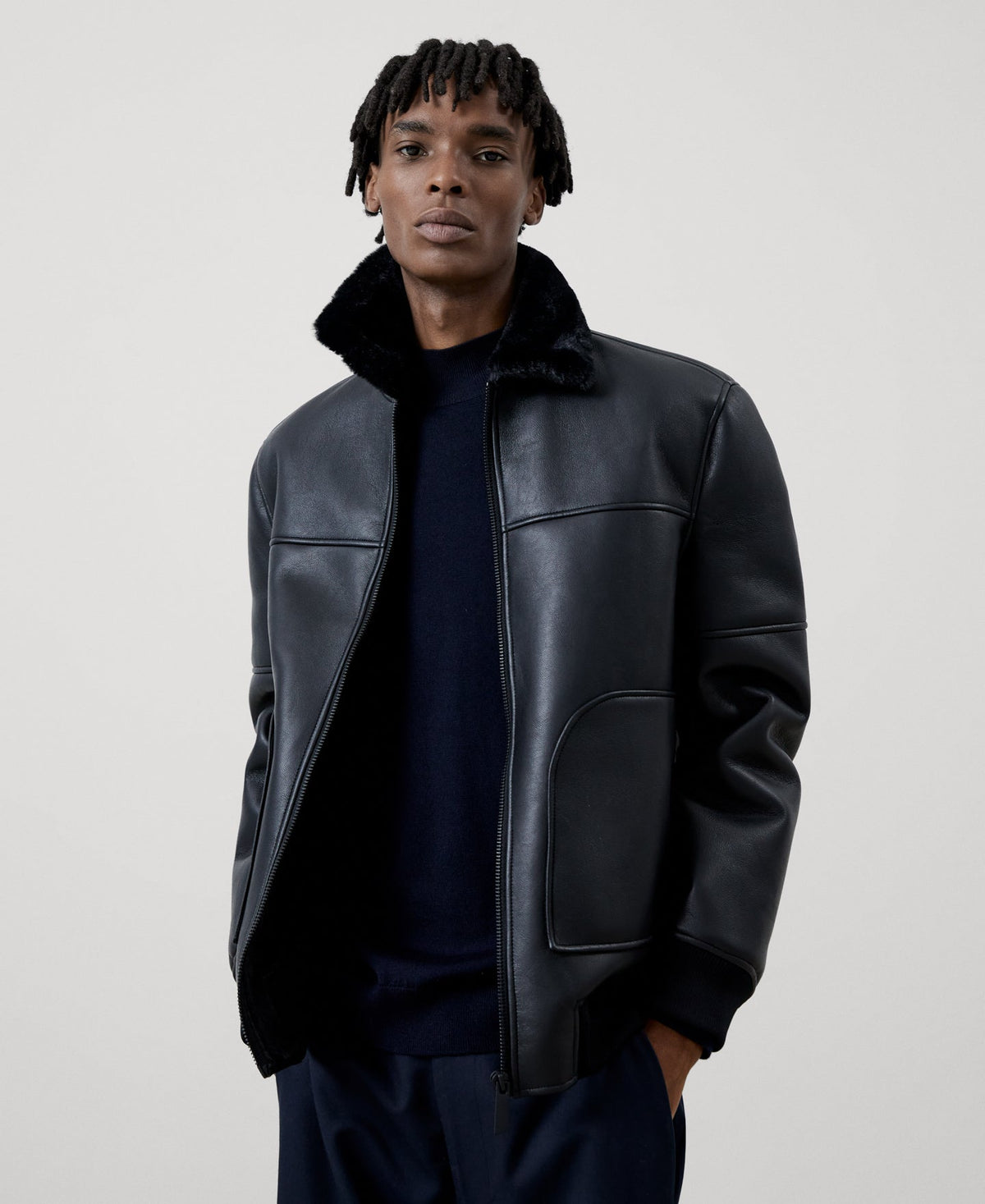 Men Ecoleather | Black Aviator Jacket With Patch Pockets by Spanish designer Adolfo Dominguez