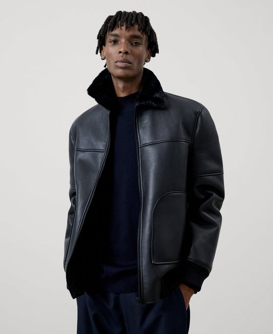 Men Ecoleather | Black Aviator Jacket With Patch Pockets by Spanish designer Adolfo Dominguez