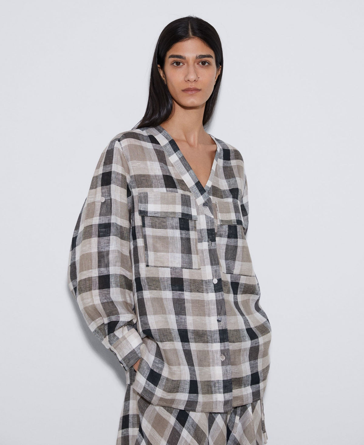 Women Shirt | Black Check Linen Heron Check Shirt by Spanish designer Adolfo Dominguez