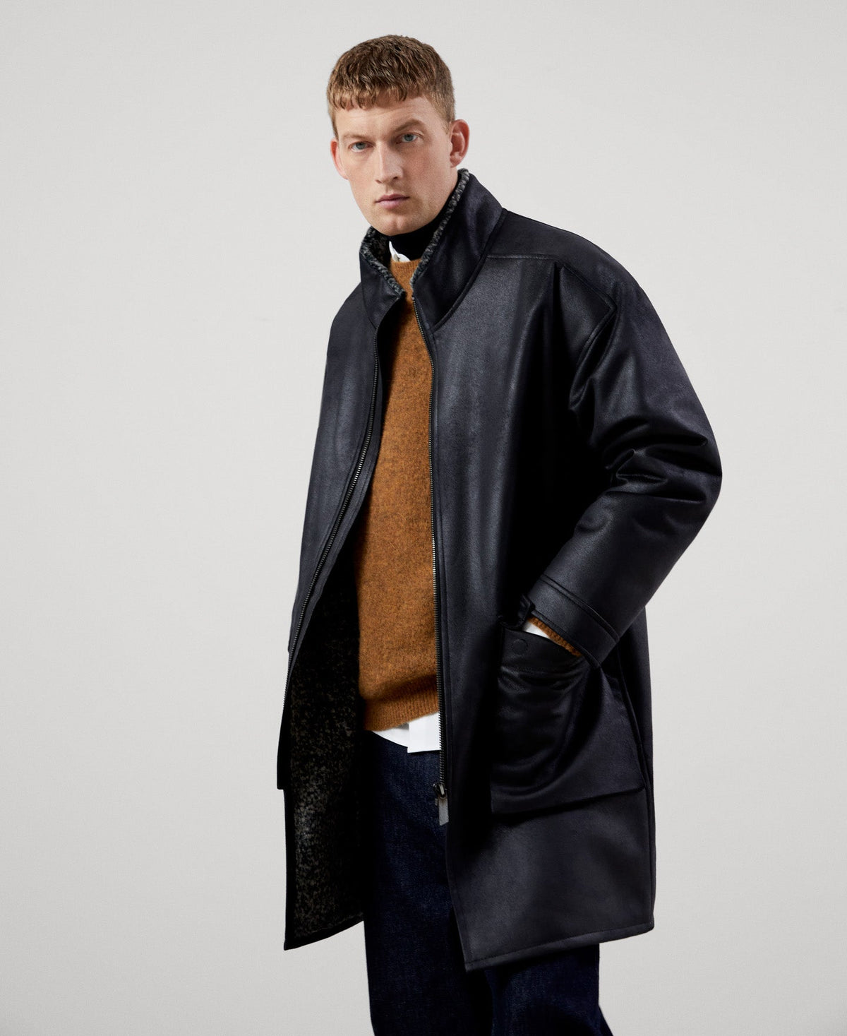 Men Ecoleather | Black Coat by Spanish designer Adolfo Dominguez