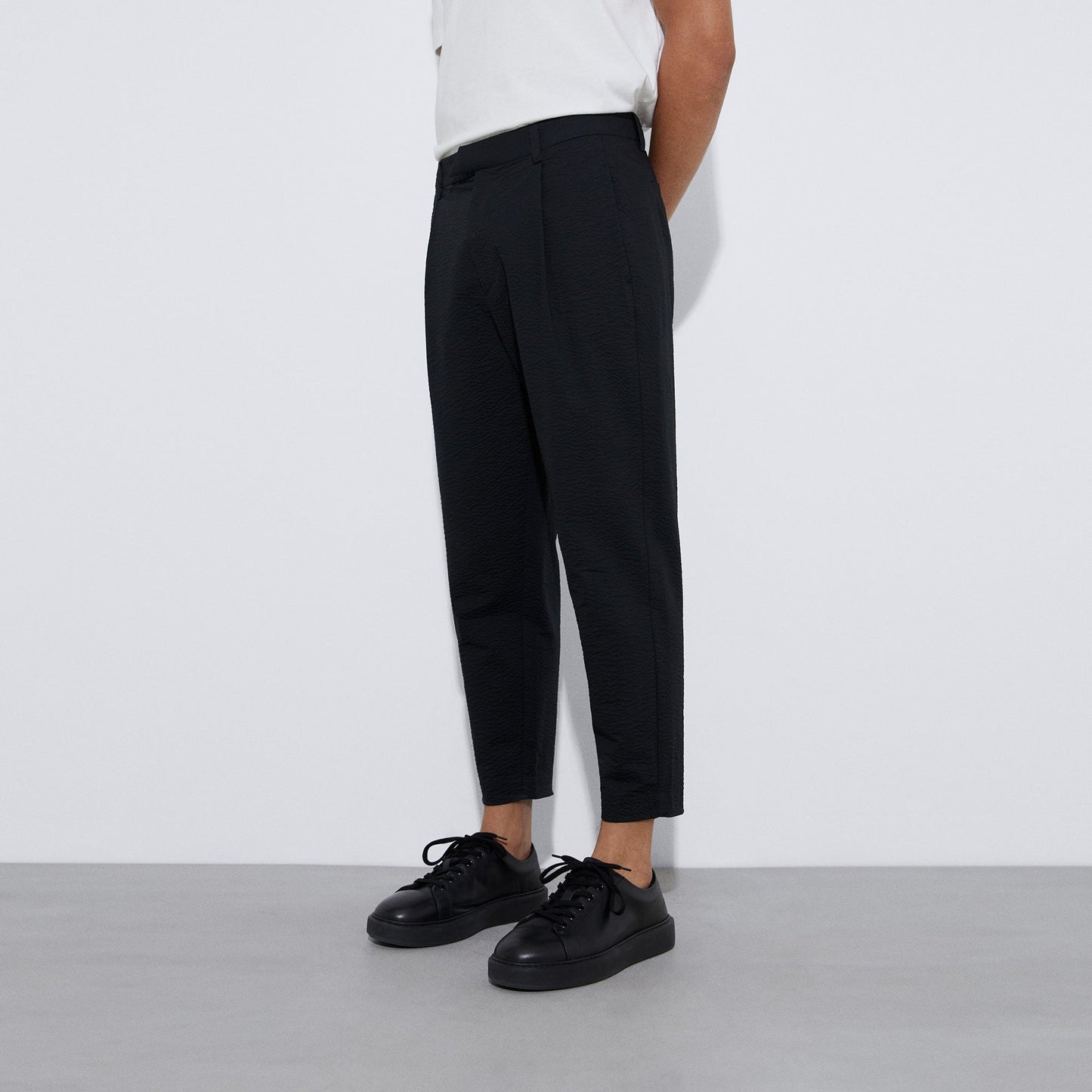 Men Trousers | Black Cotton Seersucker Chino Pants by Spanish designer Adolfo Dominguez