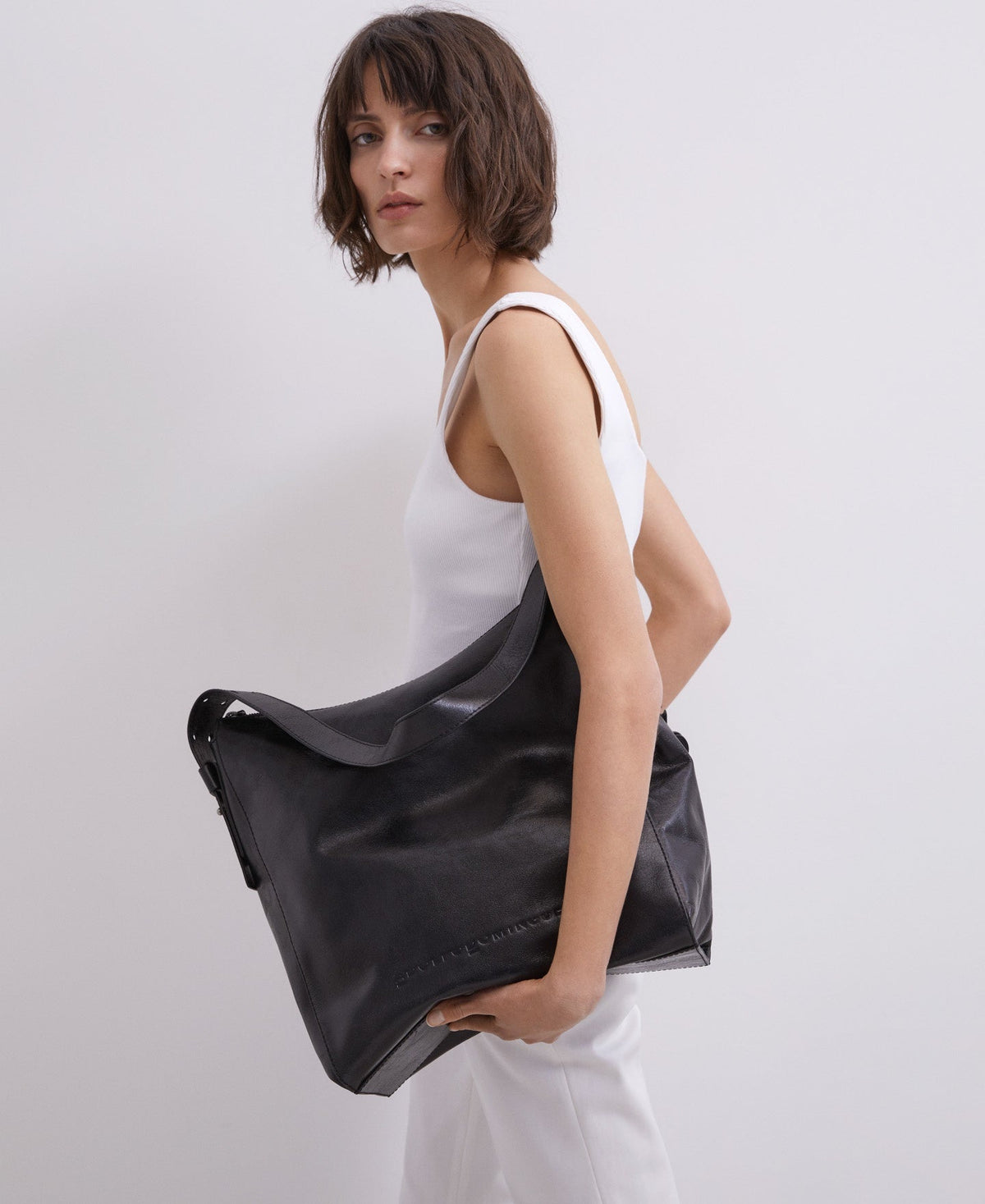 Women Leather Bag | Black Crackled Leather Hobo Bag by Spanish designer Adolfo Dominguez