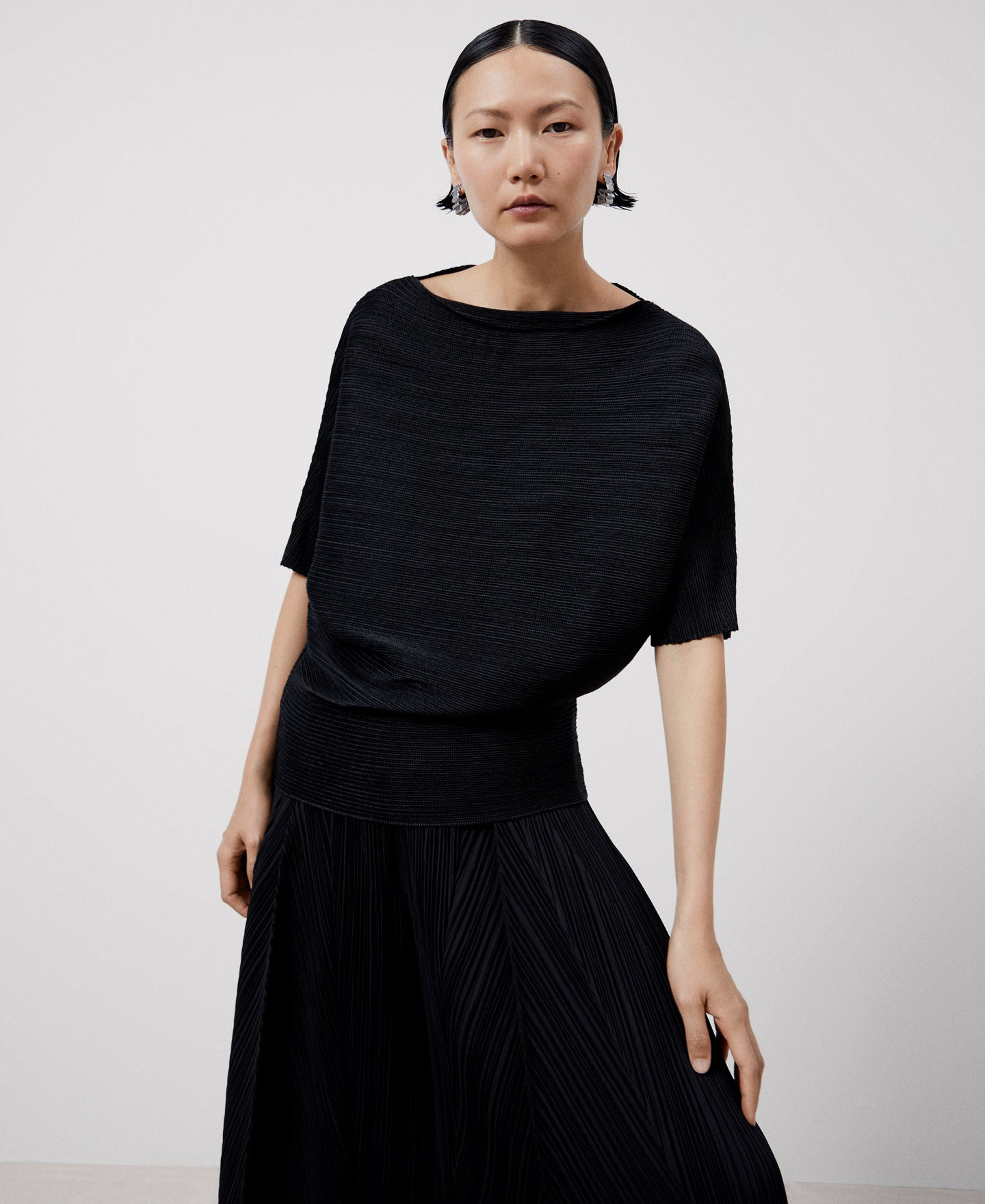 Women Shirt | Black Crinkle Bat Sleeve Sweater by Spanish designer Adolfo Dominguez