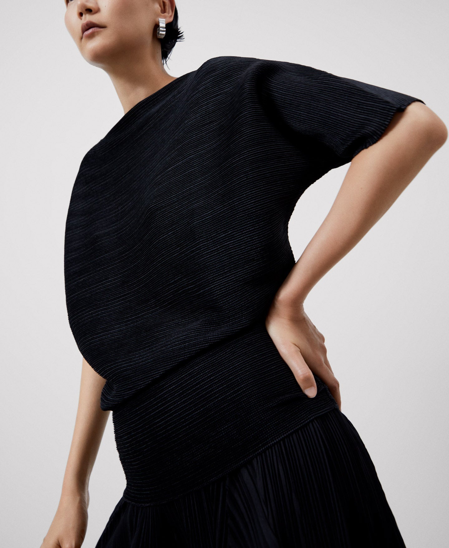 Women Shirt | Black Crinkle Bat Sleeve Sweater by Spanish designer Adolfo Dominguez