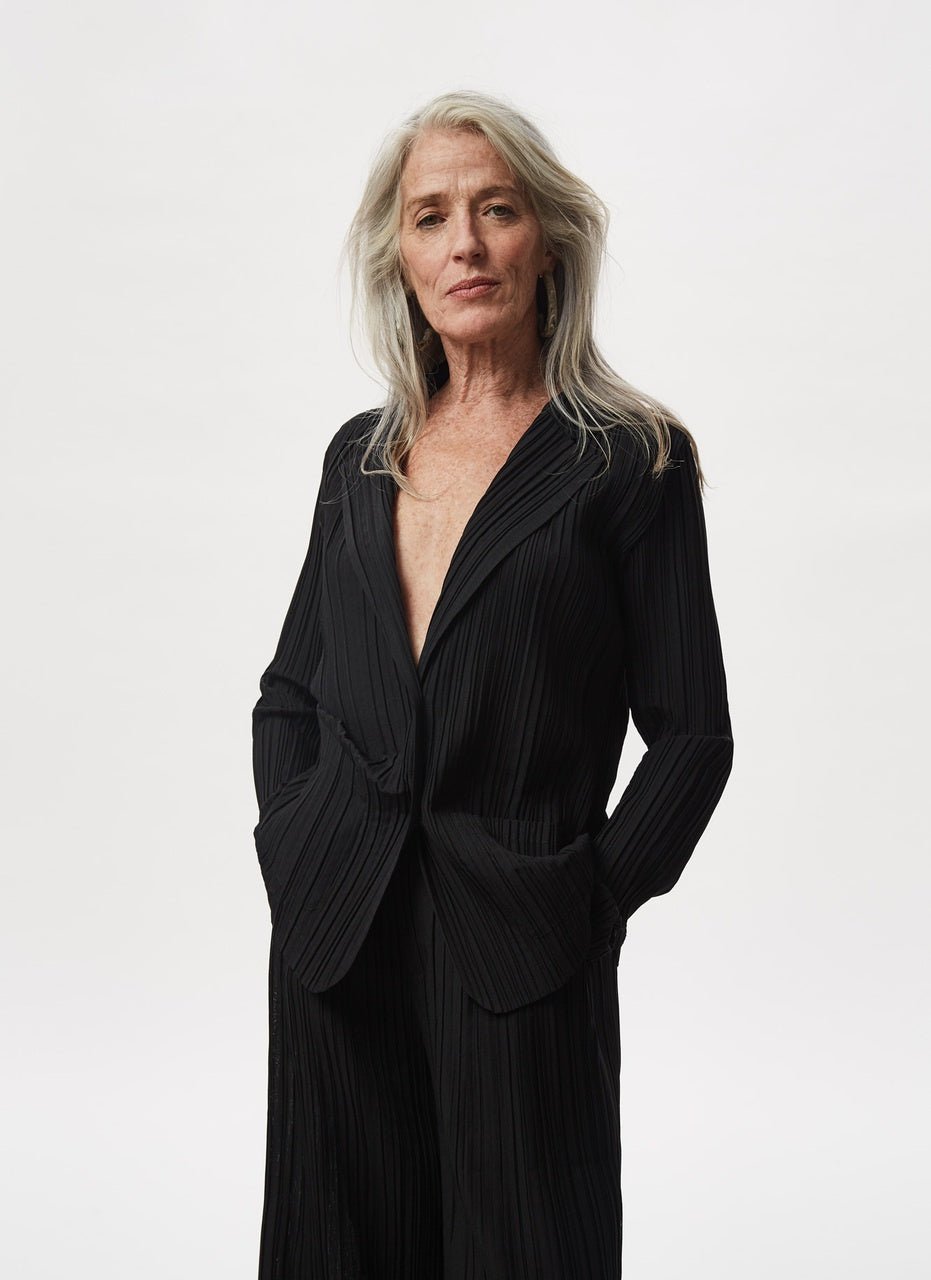 Women Unstructured Jacket | Black Crinkle Blazer by Spanish designer Adolfo Dominguez