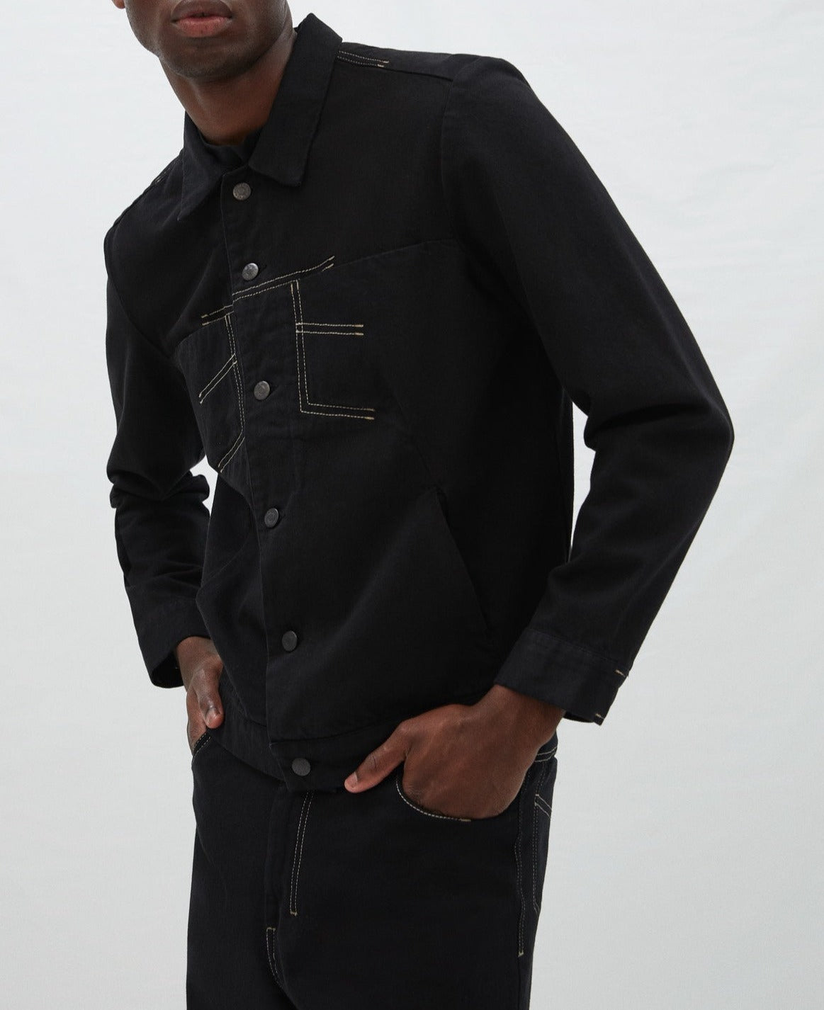 Men Jacket | Black Denim Overshirt With Slit Pockets by Spanish designer Adolfo Dominguez