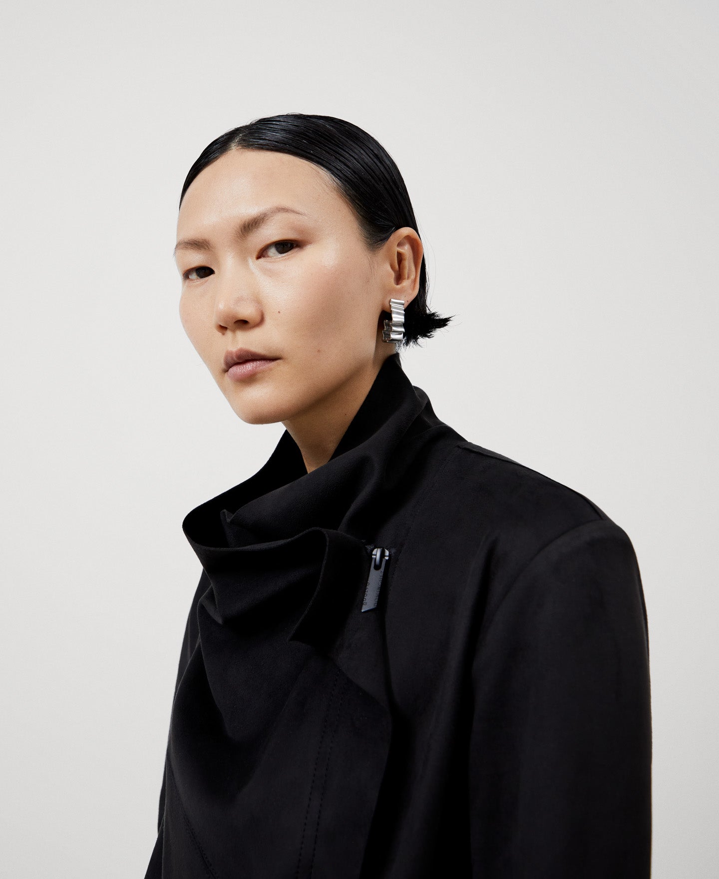 Women Ecoleather | Black Draped Collar Biker Jacket by Spanish designer Adolfo Dominguez