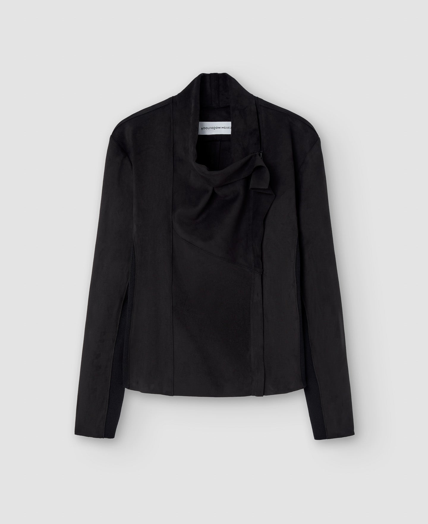 Women Ecoleather | Black Draped Collar Biker Jacket by Spanish designer Adolfo Dominguez