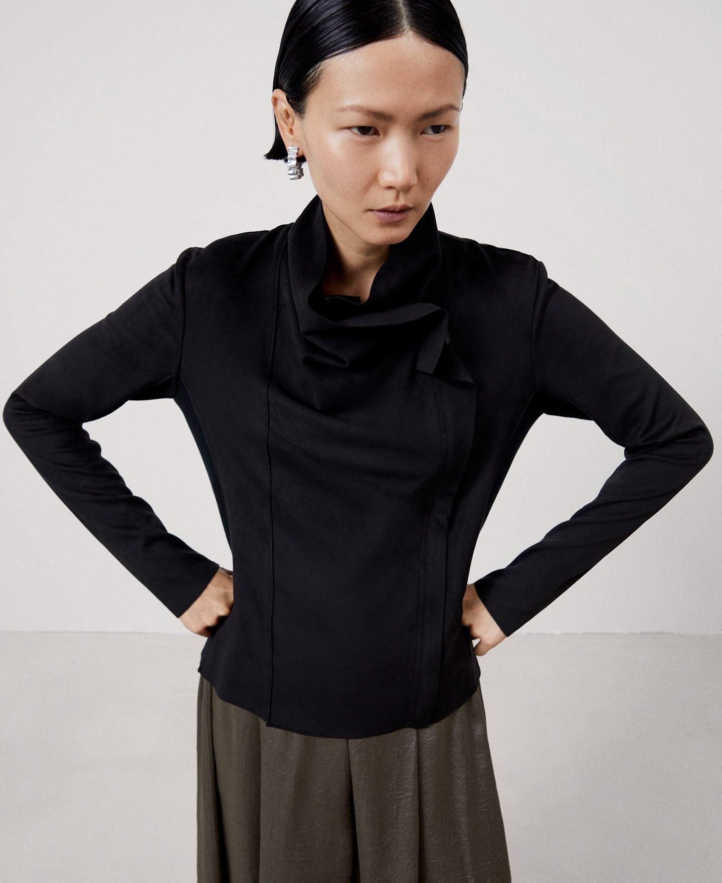 Women Ecoleather | Black Draped Collar Biker Jacket by Spanish designer Adolfo Dominguez