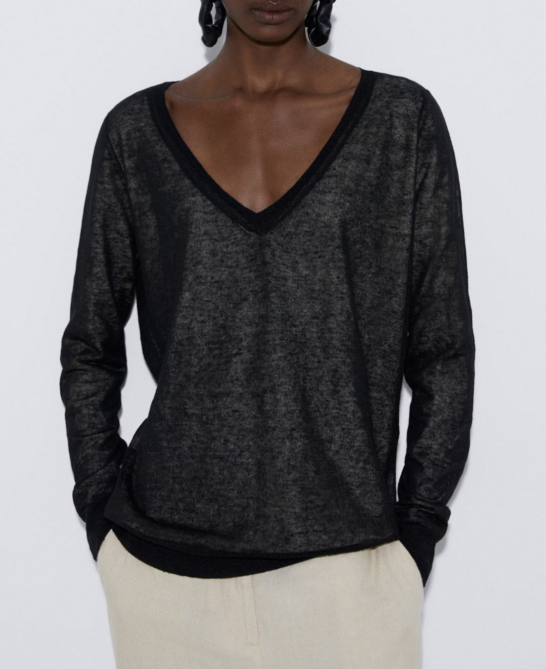 Women Jersey | Black Fine Linen Sweater by Spanish designer Adolfo Dominguez