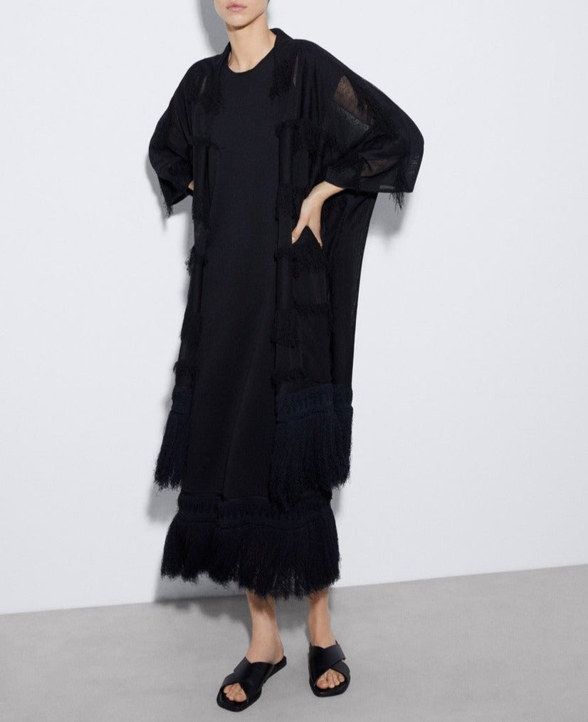 Women Knit Jacket | Black Fringed Kimono Jacket by Spanish designer Adolfo Dominguez