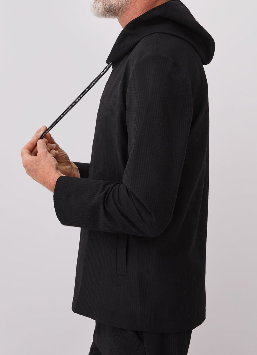 Men Overshirt | Black Hooded Overshirt With Logoed Laces by Spanish designer Adolfo Dominguez