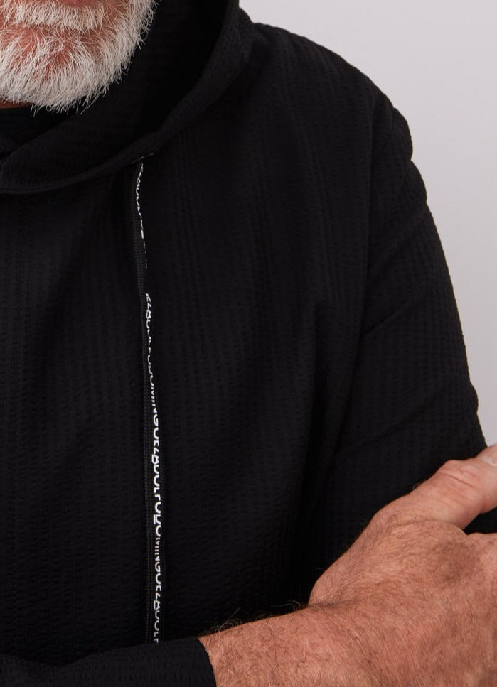 Men Overshirt | Black Hooded Overshirt With Logoed Laces by Spanish designer Adolfo Dominguez