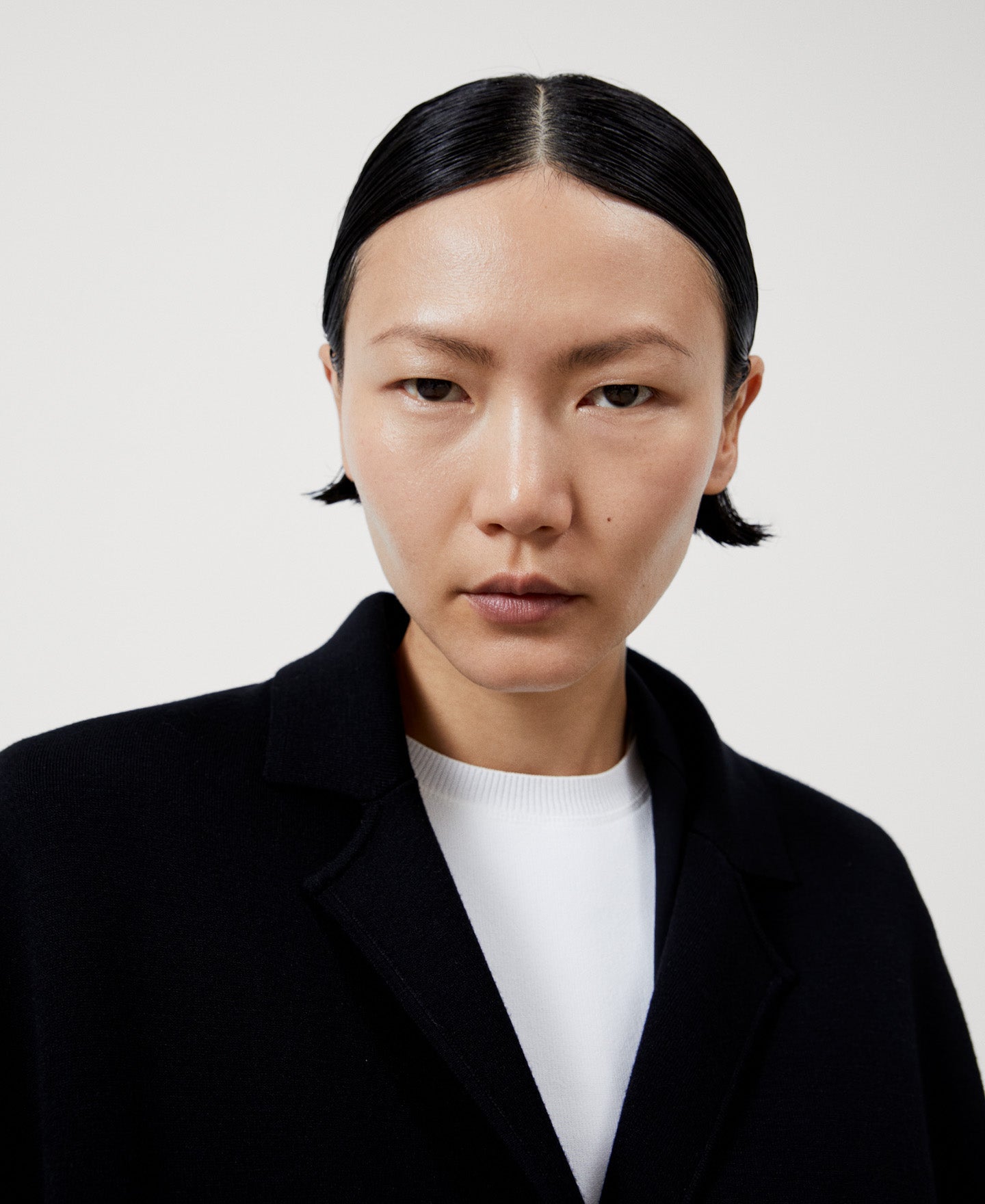 Women Coat | Black Lapel Knitted Coat by Spanish designer Adolfo Dominguez