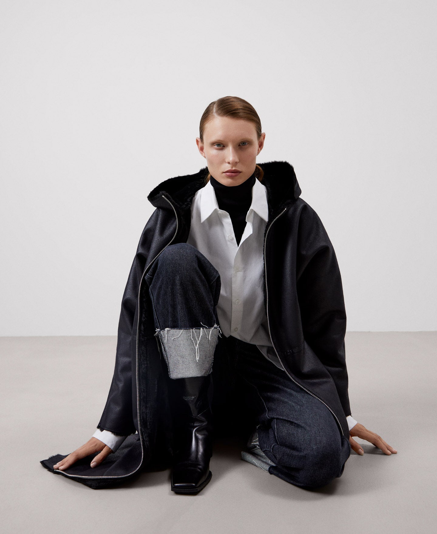 Women Ecoleather | Black Leather Textured Coat by Spanish designer Adolfo Dominguez