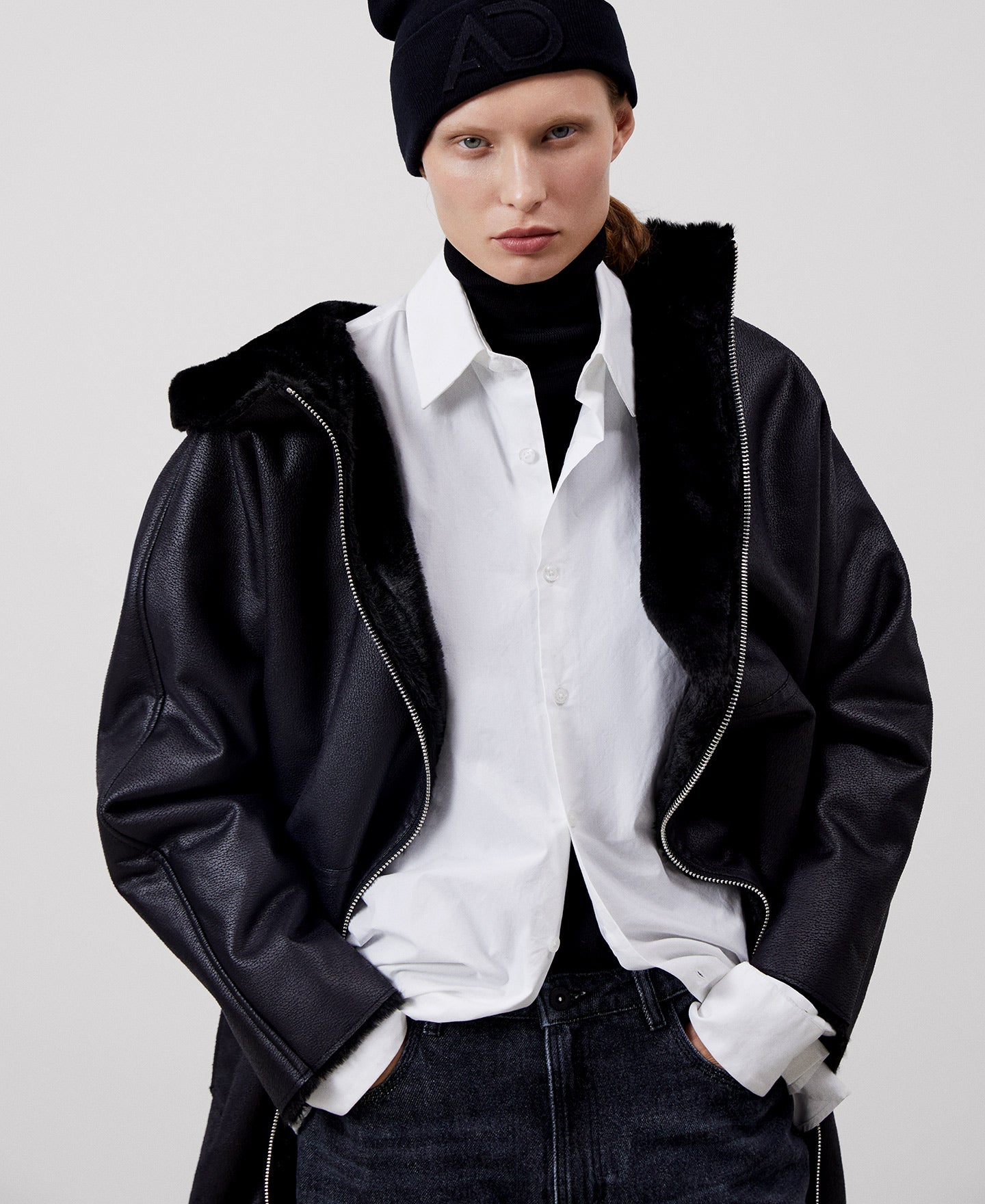 Women Ecoleather | Black Leather Textured Coat by Spanish designer Adolfo Dominguez