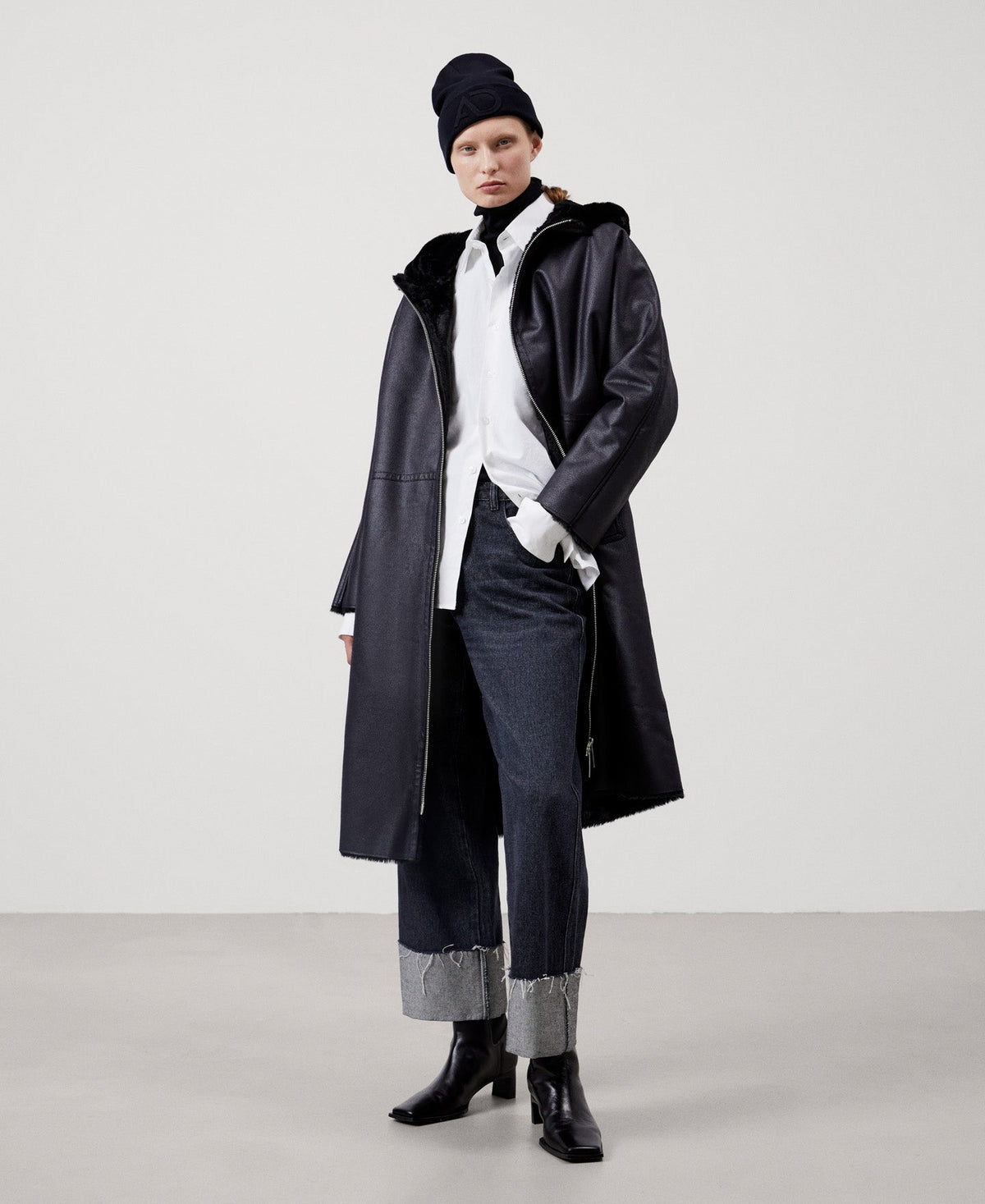 Women Ecoleather | Black Leather Textured Coat by Spanish designer Adolfo Dominguez