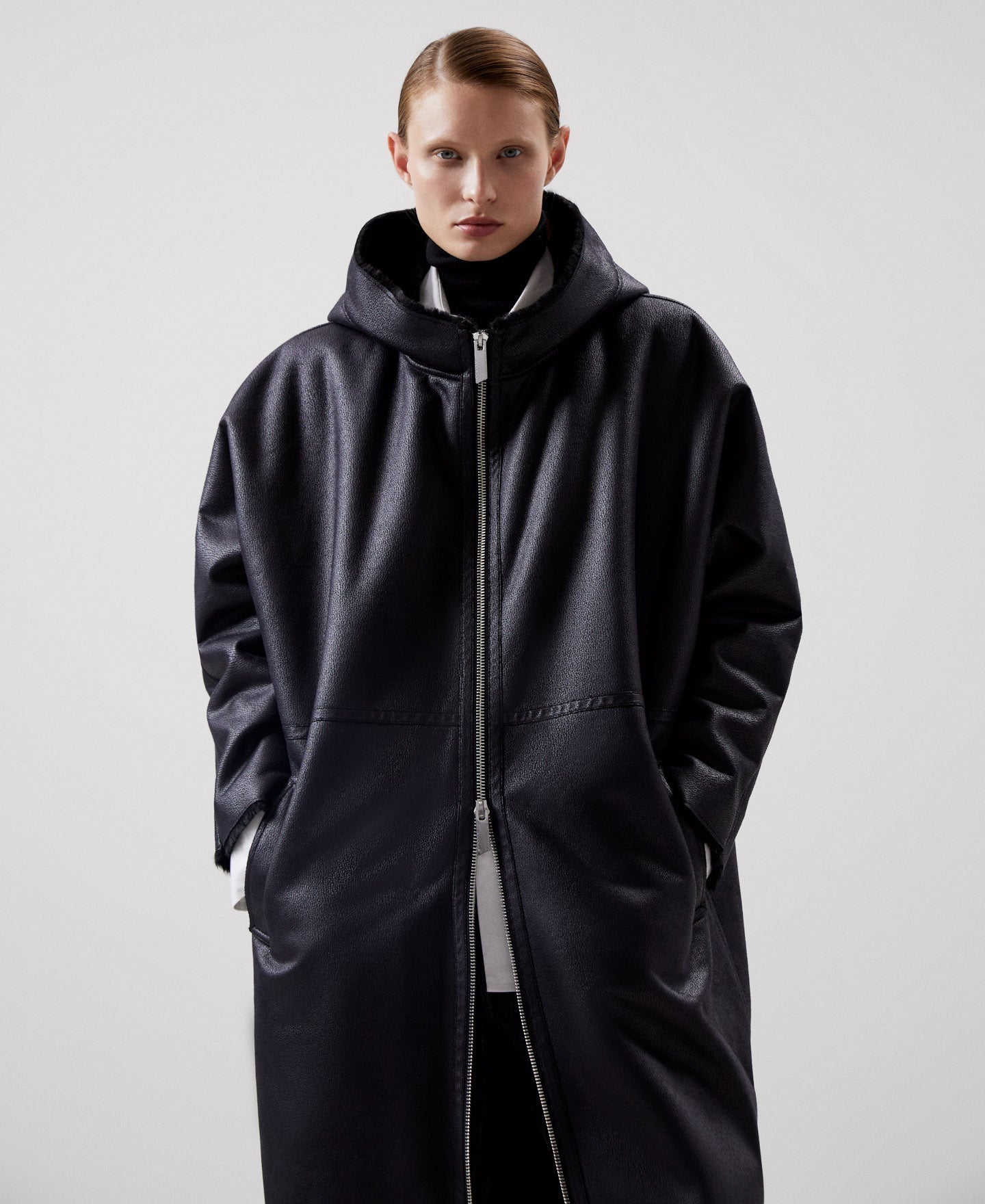 Women Ecoleather | Black Leather Textured Coat by Spanish designer Adolfo Dominguez